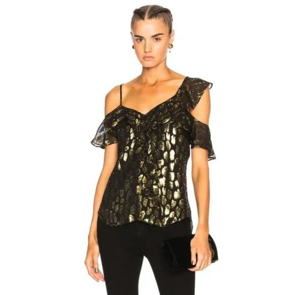 NWT Veronica Beard Benton One Shoulder Top in Black and Gold size 12